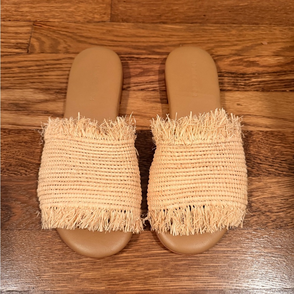 Woven Fringe Slide Sandals - Tan